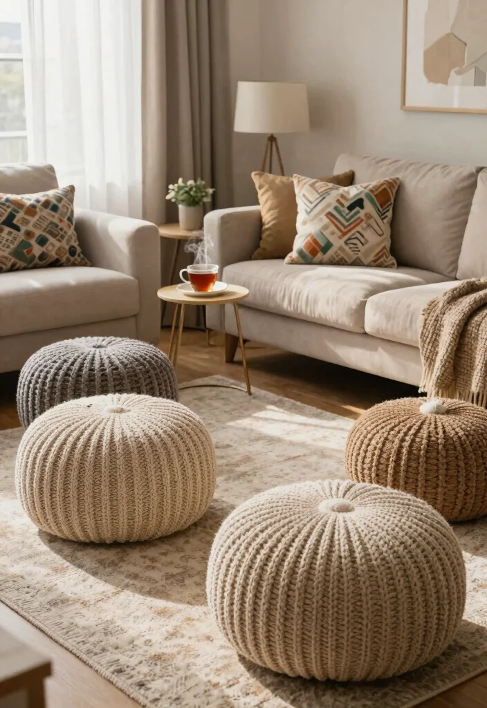 14 Pouf Ottoman Living Room Ideas for Relaxed Flexible Seating 4. Cozy Knit Poufs for a Soft Touch 0