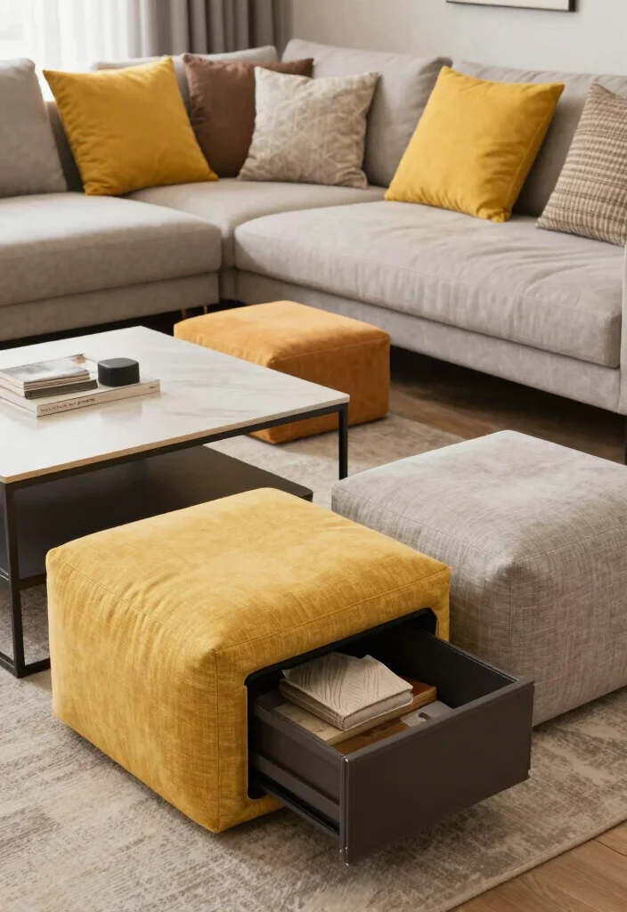 14 Pouf Ottoman Living Room Ideas for Relaxed Flexible Seating 5. Multi Functional Poufs for Smart Spaces 0