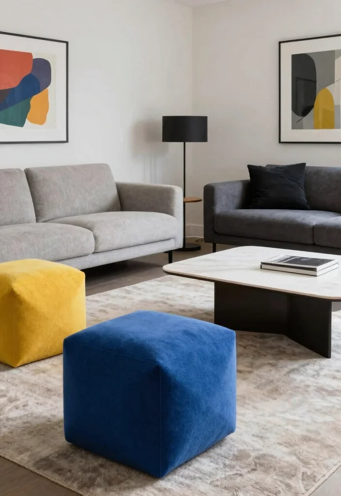 14 Pouf Ottoman Living Room Ideas for Relaxed Flexible Seating 6. Geometric Poufs for a Trendy Statement 0
