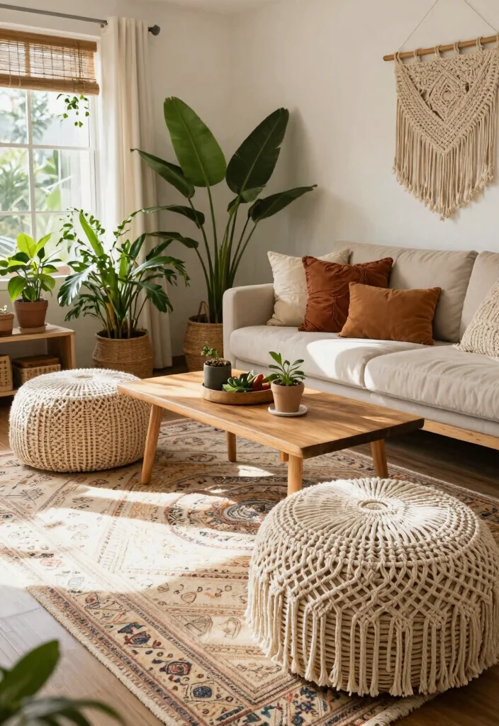 14 Pouf Ottoman Living Room Ideas for Relaxed Flexible Seating 7. Bohemian Macram Poufs for an Earthy Vibe 0