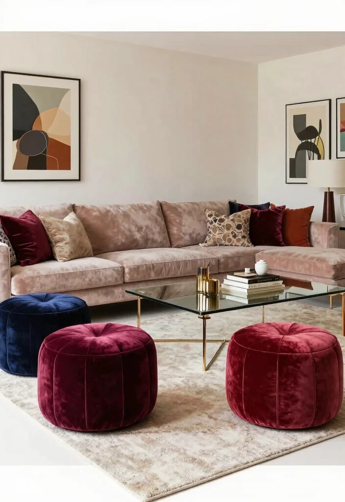 14 Pouf Ottoman Living Room Ideas for Relaxed Flexible Seating 8. Elegant Velvet Poufs for Luxury Seating 0