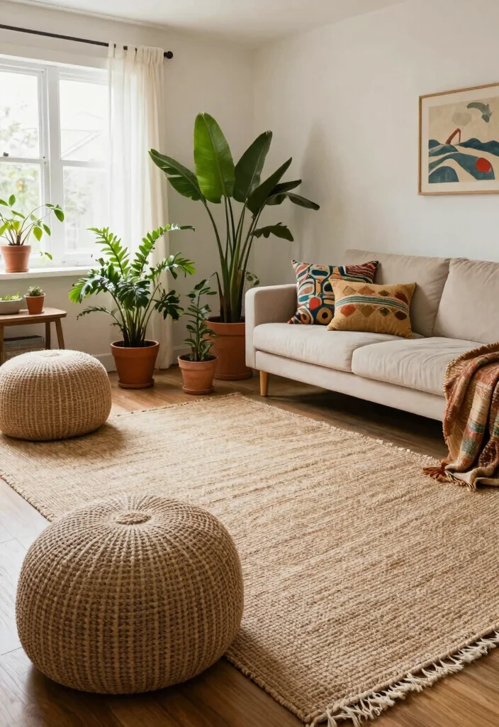 14 Pouf Ottoman Living Room Ideas for Relaxed Flexible Seating 9. Rustic Jute Poufs for a Natural Touch 0