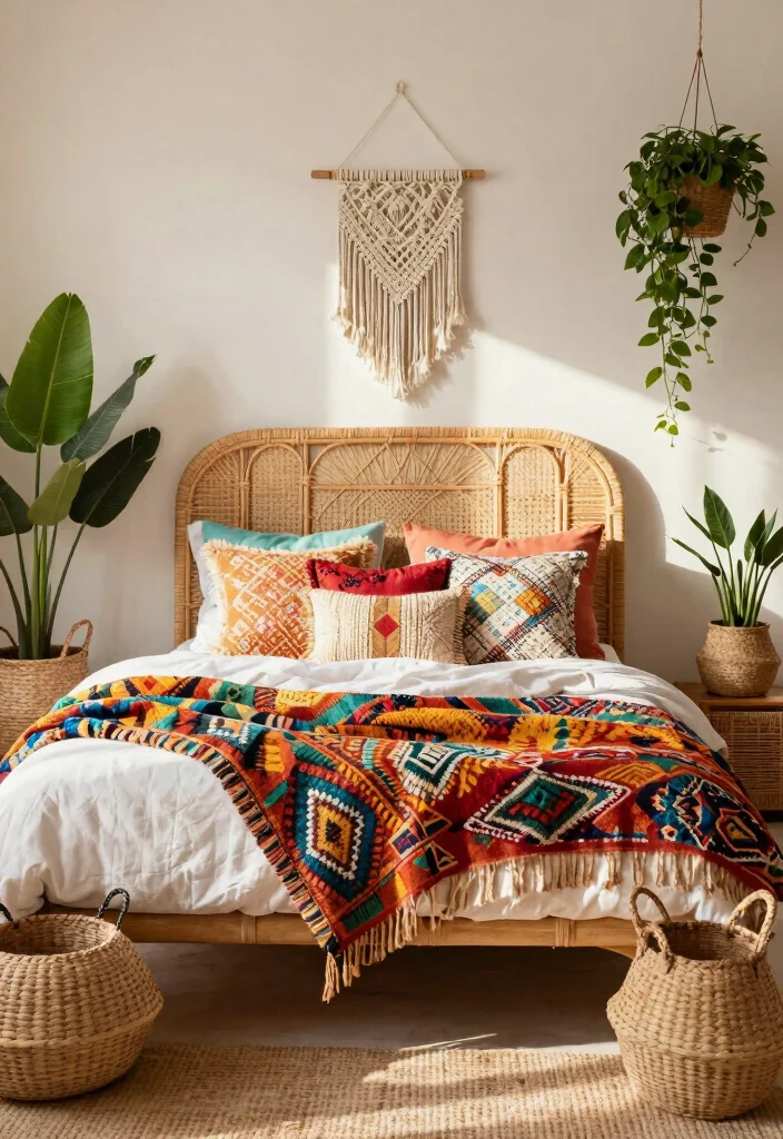 14 Rattan Headboard Bedroom Ideas That Bring Natural Warmth 12 14 Rattan Headboard Bedroom Ideas That Bring Natural Warmth 2. Bohemian Chic Vibes 0