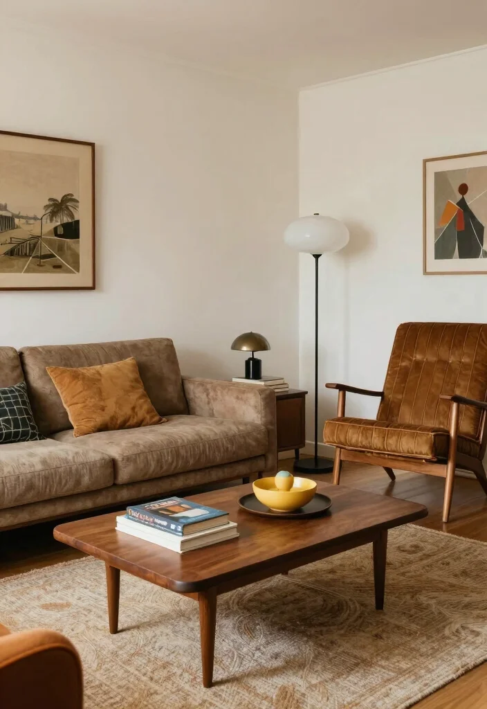 14 Split Level Living Room Ideas With Seamless Flow 9. Blend Vintage and Modern Styles 0