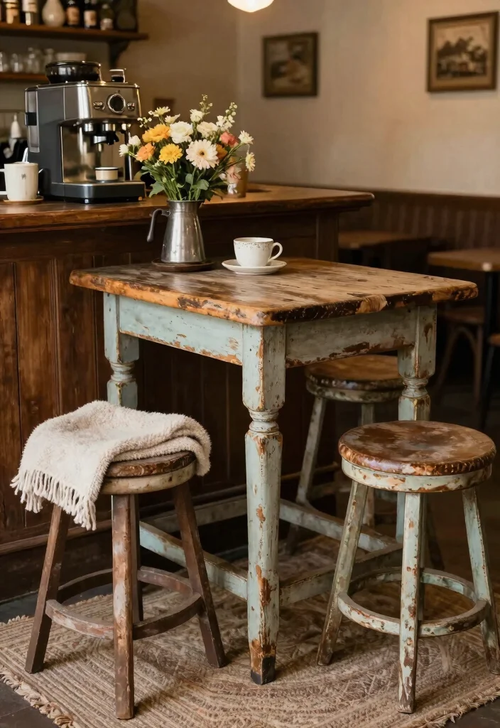 14 Vintage Coffee Bar Ideas with Old Cafe Soul and Warmth 10. Distressed Finish Furniture for Character 0