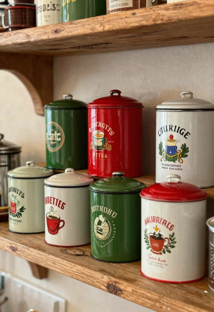 14 Vintage Coffee Bar Ideas with Old Cafe Soul and Warmth 2. Vintage Coffee Canister Collection 0
