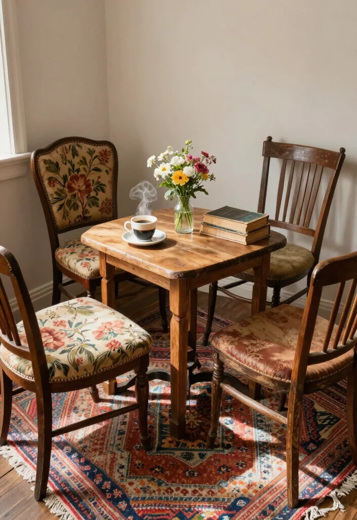 14 Vintage Coffee Bar Ideas with Old Cafe Soul and Warmth 3. Cozy Beverage Nook with Mismatched Chairs 0
