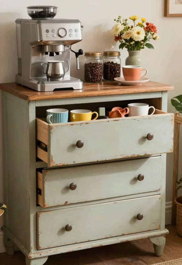 14 Vintage Coffee Bar Ideas with Old Cafe Soul and Warmth 8. Repurposed Furniture for a Vintage Touch 0