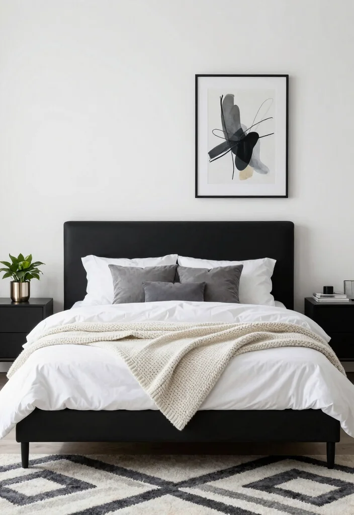 15 Black Headboard Bedroom Ideas with Bold Dramatic Contrast 1. Monochrome Minimalism with a Twist 0
