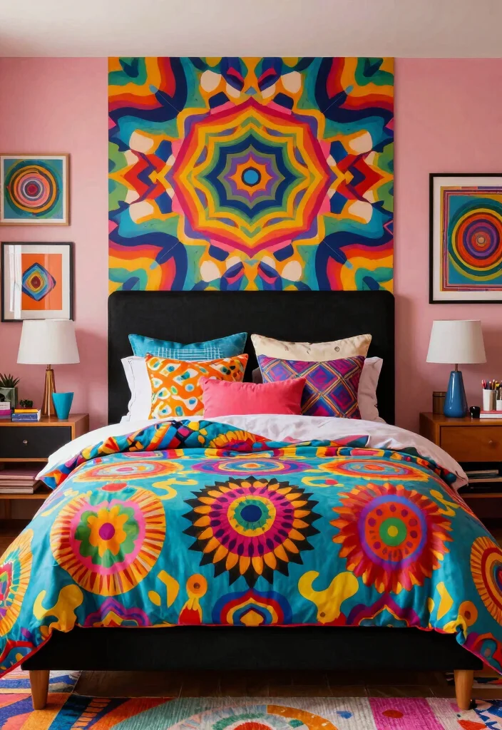 15 Black Headboard Bedroom Ideas with Bold Dramatic Contrast 11. Psychedelic Patterns and Bold Hues 0
