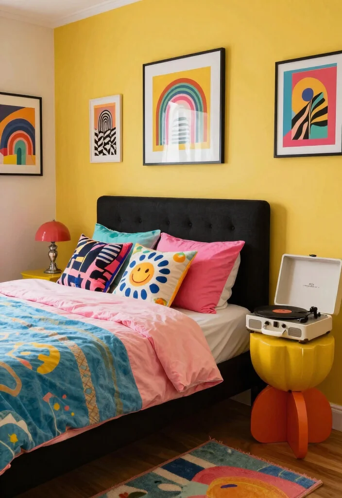 15 Black Headboard Bedroom Ideas with Bold Dramatic Contrast 13. Retro Revival with Pop Art 0