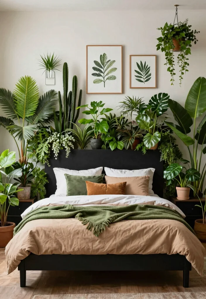 15 Black Headboard Bedroom Ideas with Bold Dramatic Contrast 15. Urban Jungle with Botanical Accents 0
