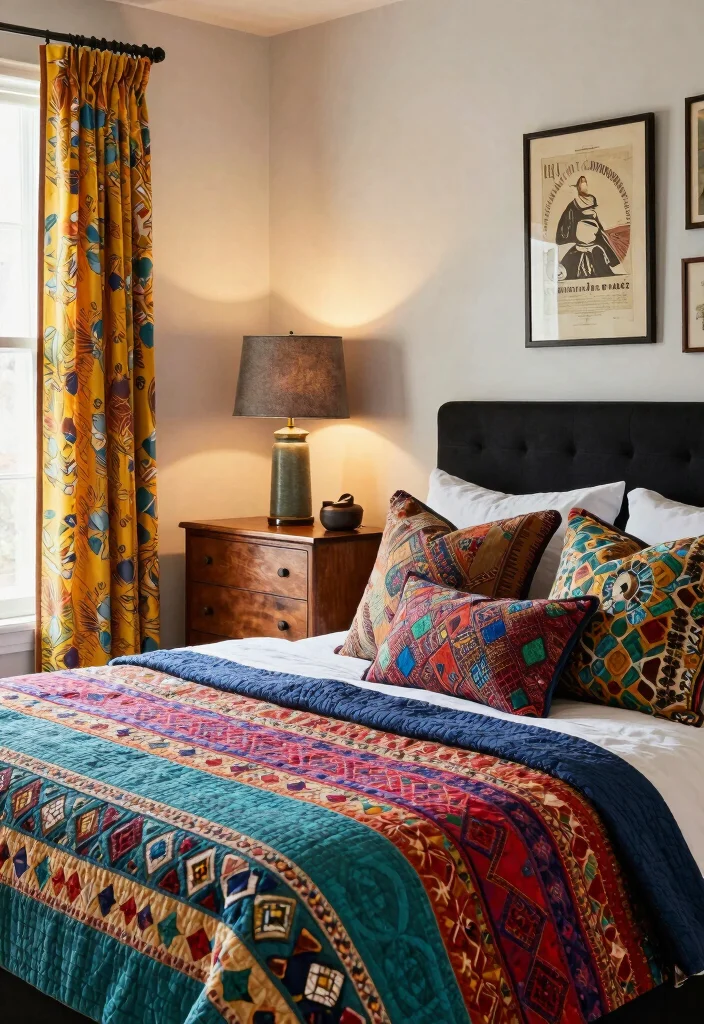 15 Black Headboard Bedroom Ideas with Bold Dramatic Contrast 2. Bold Accent Colors with Vintage Charm 0