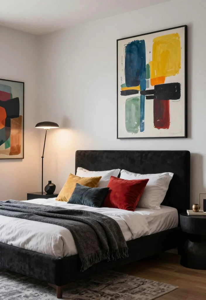 15 Black Headboard Bedroom Ideas with Bold Dramatic Contrast 3. Modern Artistry with Statement Decor 0