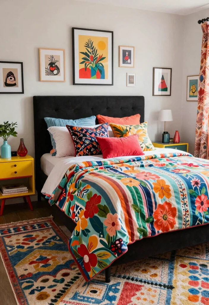 15 Black Headboard Bedroom Ideas with Bold Dramatic Contrast 5. Eclectic Mix of Patterns and Colors 0