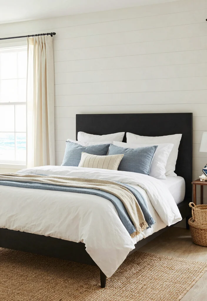 15 Black Headboard Bedroom Ideas with Bold Dramatic Contrast 8. Coastal Chic with Nautical Touch 0