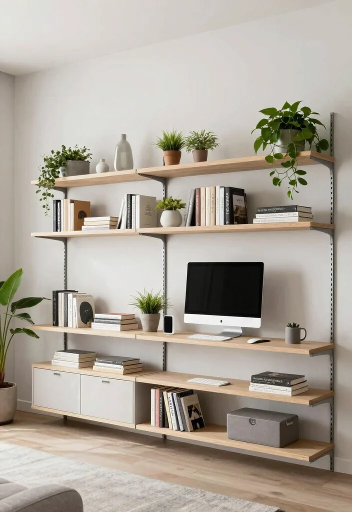 15 Computer in Living Room Ideas That Dont Kill the Aesthetic 5. Minimalist Shelving 0