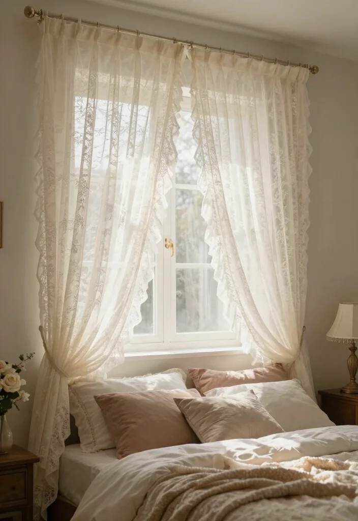 15 Curtain Headboard Ideas That Feel Romantic and Soft 24 15 Curtain Headboard Ideas That Feel Romantic and Soft 4. Elegant Lace Touch 0
