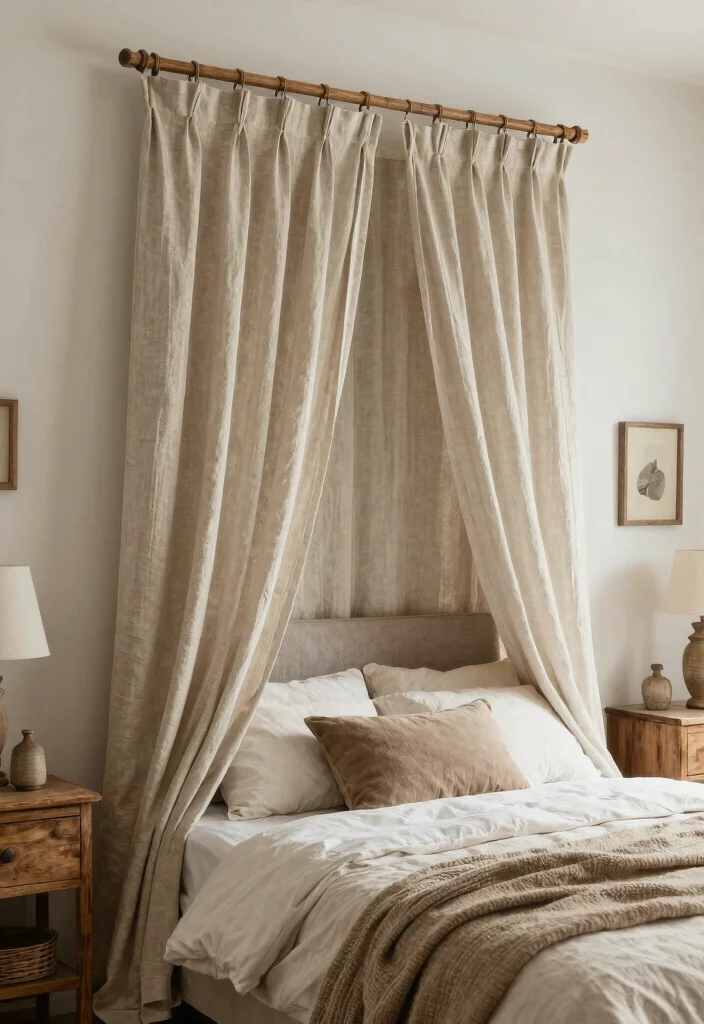15 Curtain Headboard Ideas That Feel Romantic and Soft 26 15 Curtain Headboard Ideas That Feel Romantic and Soft 6. Rustic Linen Charm 0