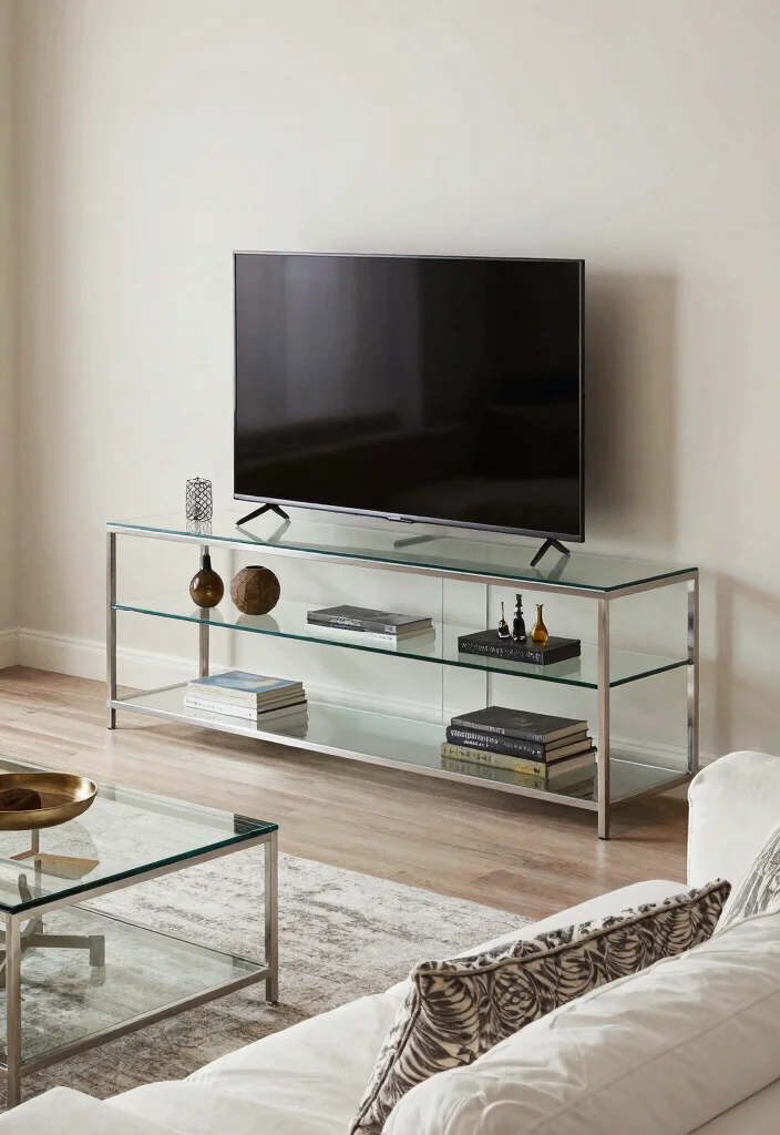 15 Entertainment Center Ideas Living Room That Anchor the Space 7. Sleek Glass and Metal Designs 0