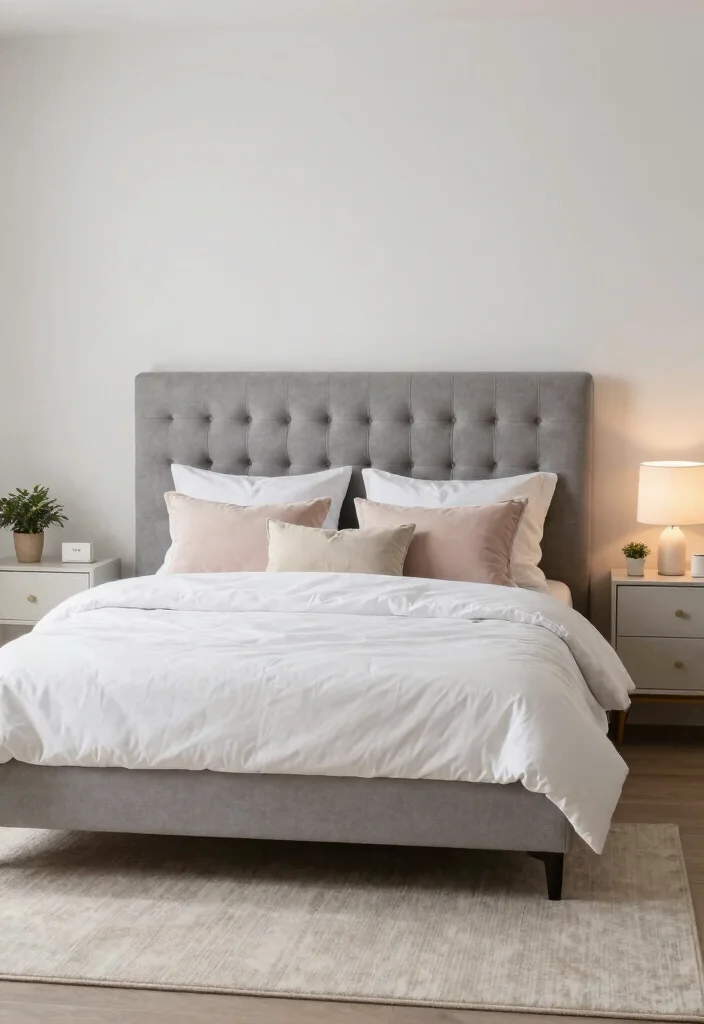 15 Grey Headboard Bedroom Ideas Decor That Feel Soft and Grounded 1. Soft Grey Tufted Elegance 0