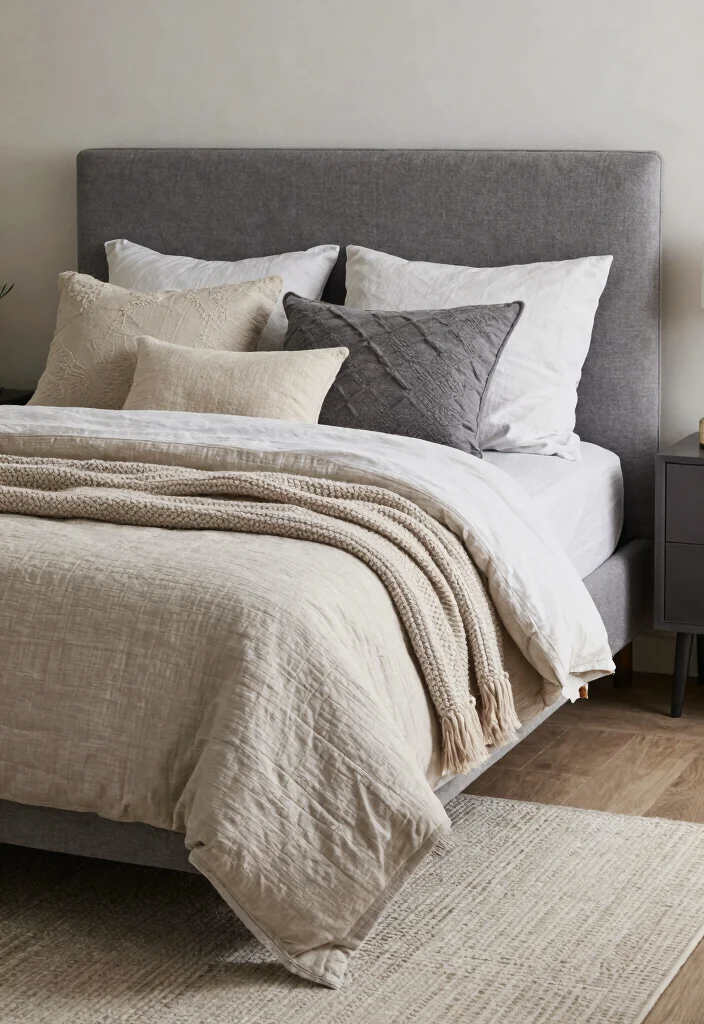15 Grey Headboard Bedroom Ideas Decor That Feel Soft and Grounded 10. Textured Layers 0