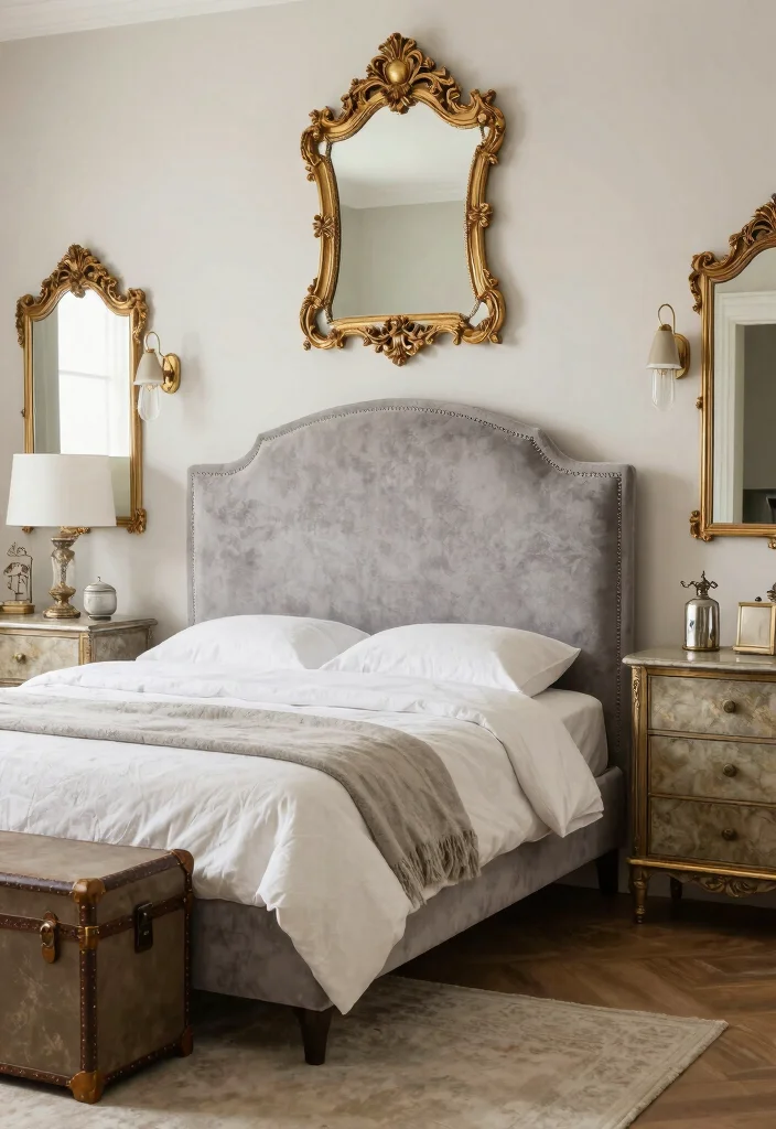 15 Grey Headboard Bedroom Ideas Decor That Feel Soft and Grounded 11. Vintage Glam 0