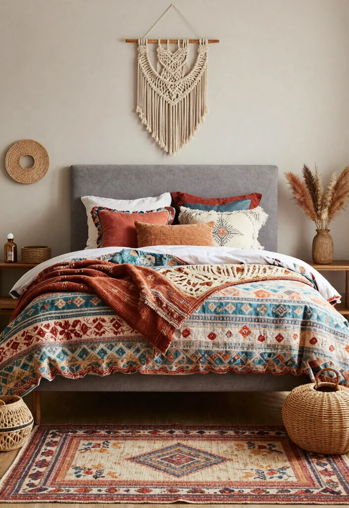 15 Grey Headboard Bedroom Ideas Decor That Feel Soft and Grounded 4. Bohemian Accents with Grey 0