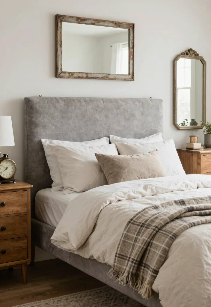 15 Grey Headboard Bedroom Ideas Decor That Feel Soft and Grounded 5. Timeless Farmhouse Comfort 0