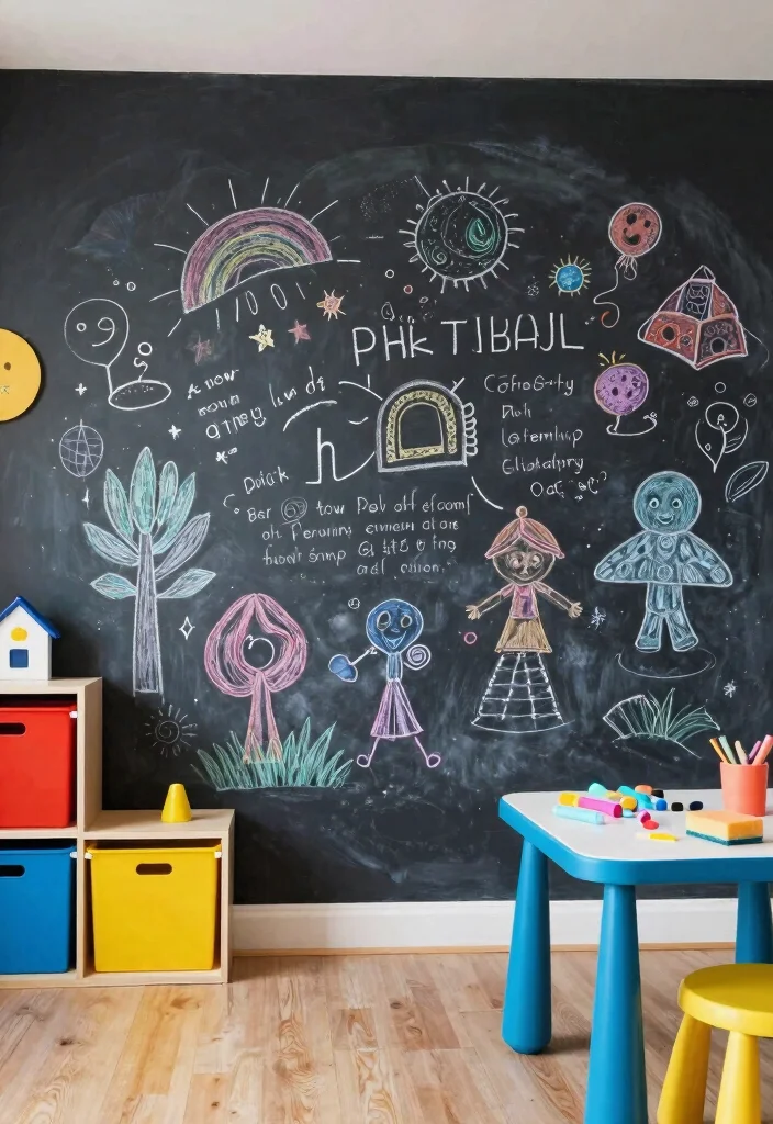 15 Playroom Paint Ideas That Shift the Whole Mood 10. Multi Purpose Chalk Wall 0