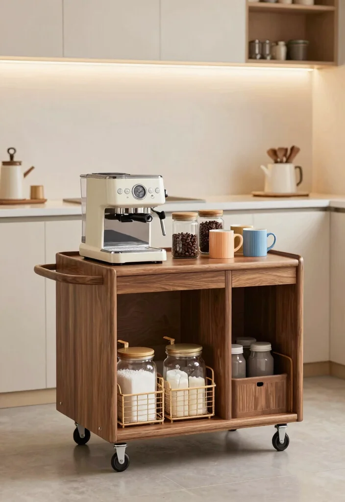 15 Small Coffee Bar Counter Space Ideas That Feel Thoughtful 2. Compact Coffee Cart 0