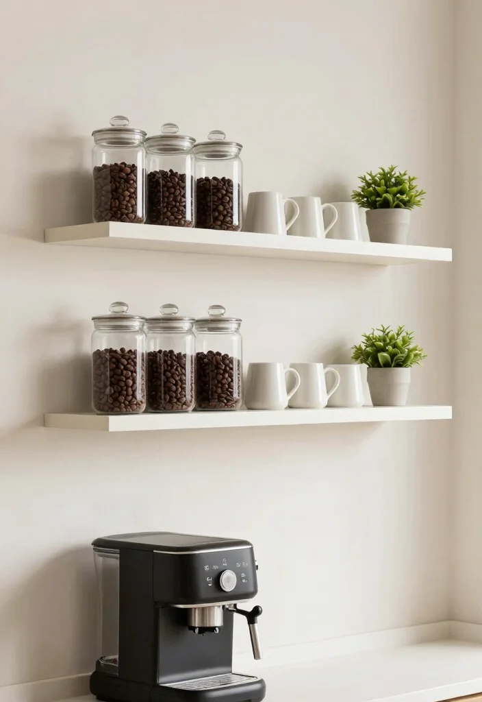 15 Small Coffee Bar Counter Space Ideas That Feel Thoughtful 5. Minimalist Floating Shelves 0