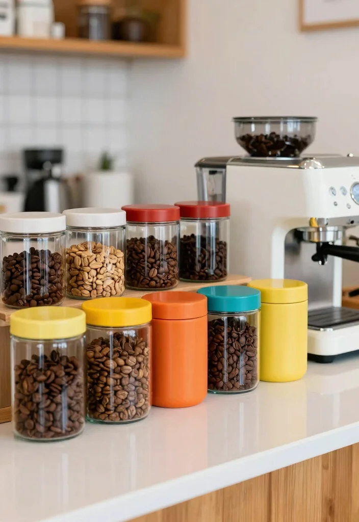 15 Small Coffee Bar Counter Space Ideas That Feel Thoughtful 9. Color Coded Coffee Essentials 0