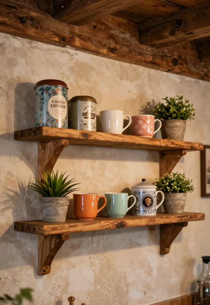 16 Coffee Bar Decor Ideas That Make Guests Instantly Smile 1. Rustic Wood Shelves 0