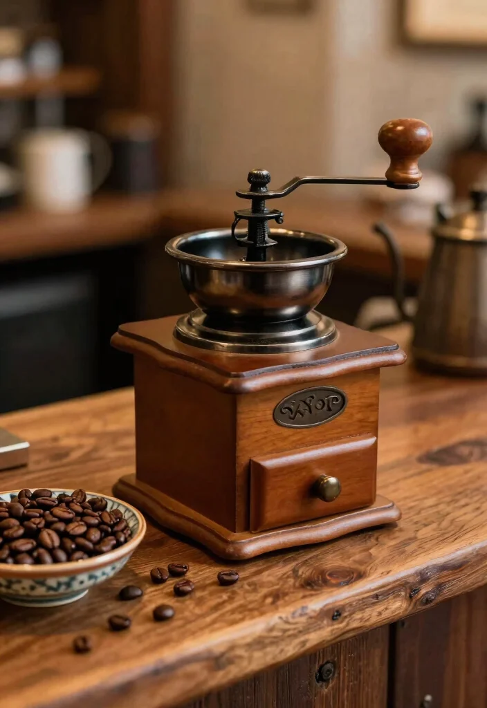 16 Coffee Bar Decor Ideas That Make Guests Instantly Smile 2. Vintage Coffee Grinder Display 0