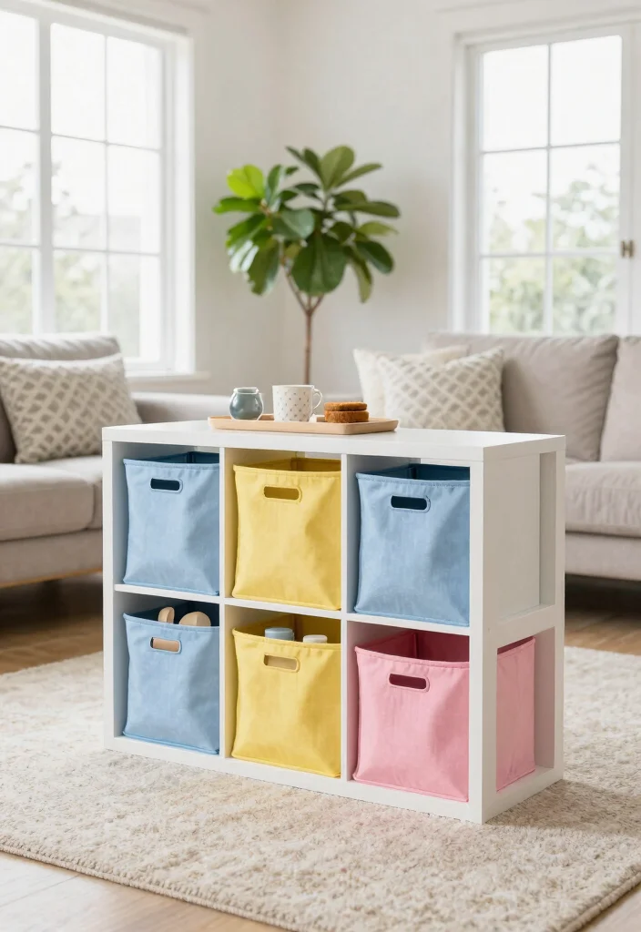 16 Cube Organizer Ideas Living Room That Hide Mess Effortlessly 1. Colorful Fabric Bins in a Neutral Space 0