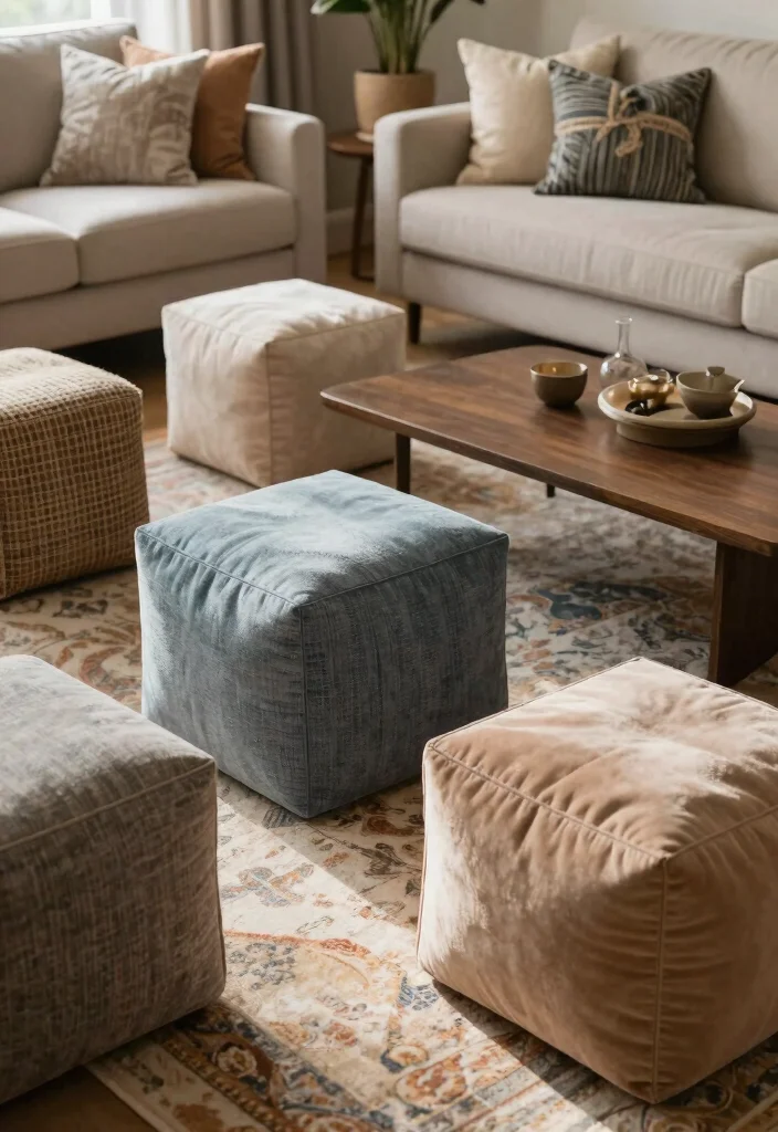 16 Cube Organizer Ideas Living Room That Hide Mess Effortlessly 9. Soft Cube Poufs as Storage 0