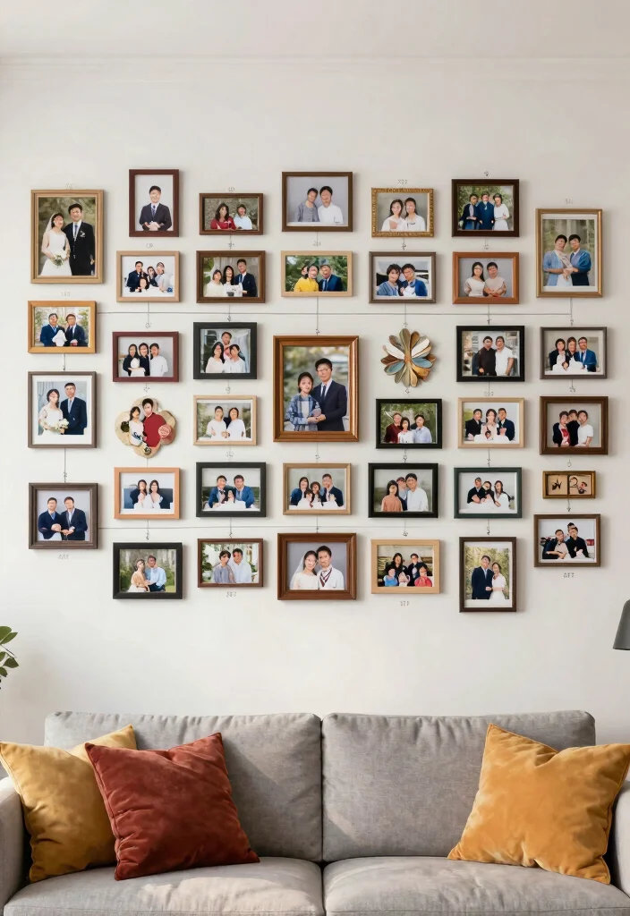 16 Living Room Collage Wall Ideas That Tell Your Story Beautifully 1. Family Timeline Collage 0
