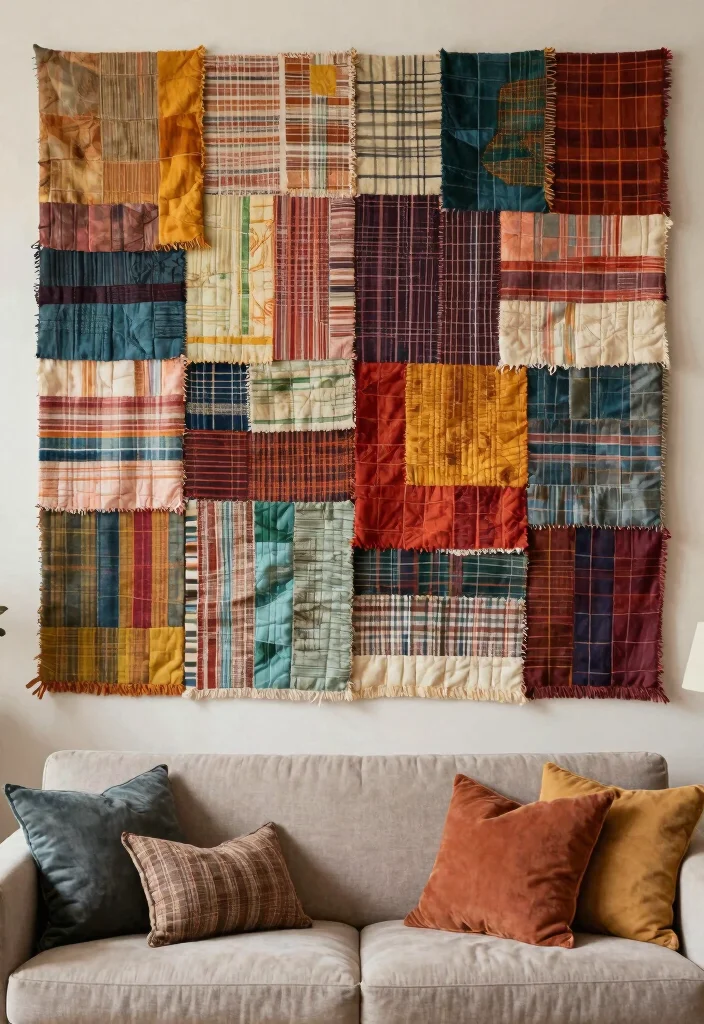 16 Living Room Collage Wall Ideas That Tell Your Story Beautifully 12. Textile and Fabric Collage 0