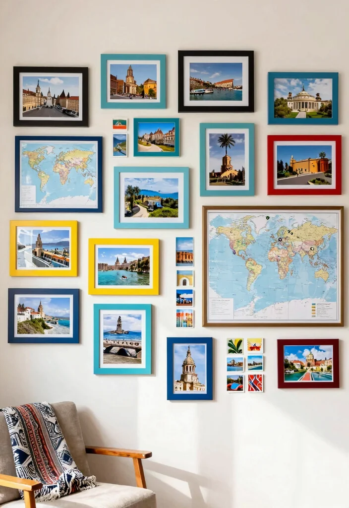 16 Living Room Collage Wall Ideas That Tell Your Story Beautifully 2. Travel Memories Gallery 0