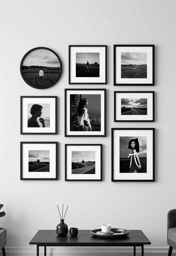 16 Living Room Collage Wall Ideas That Tell Your Story Beautifully 4. Minimalist Black and White Collage 0
