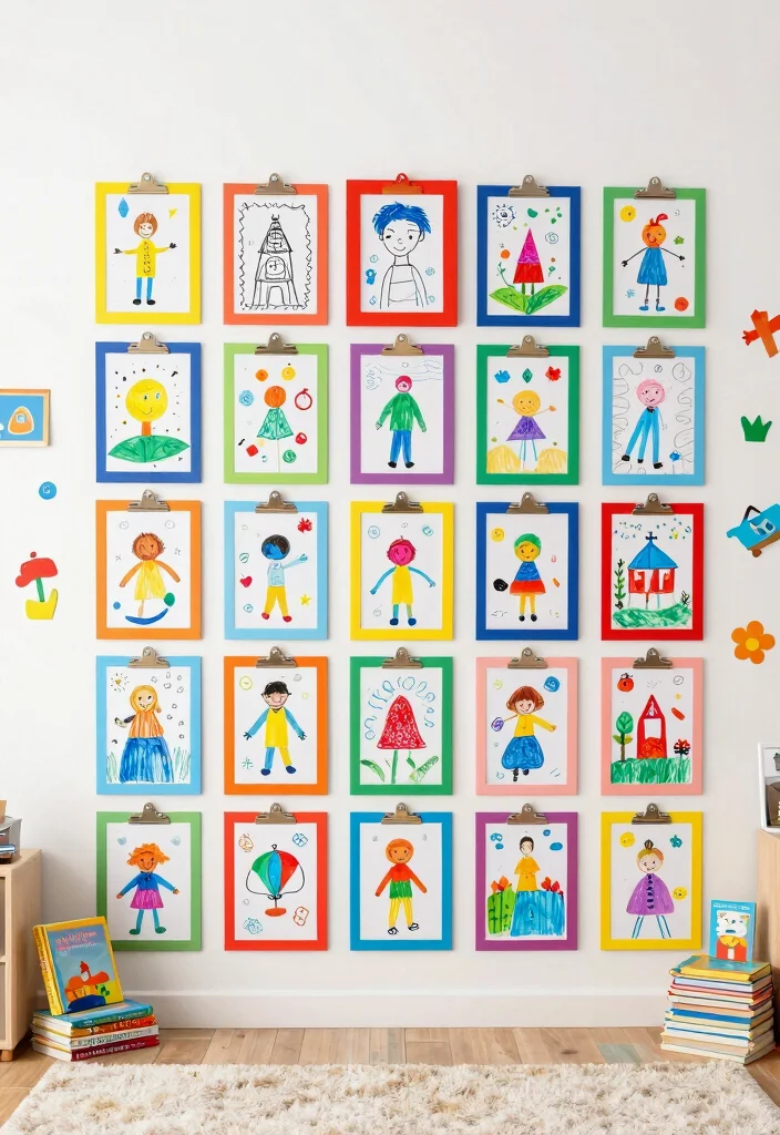 16 Living Room Collage Wall Ideas That Tell Your Story Beautifully 5. Kids Art Display 0