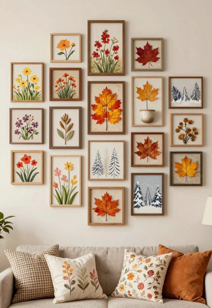 16 Living Room Collage Wall Ideas That Tell Your Story Beautifully 6. Seasonal Collage Wall 0