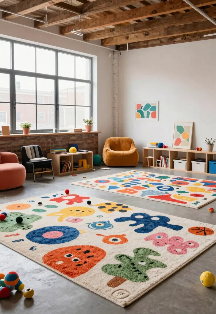 16 Loft Playroom Ideas That Use Vertical Space Creatively 11. Playful Rugs to Define Spaces 0