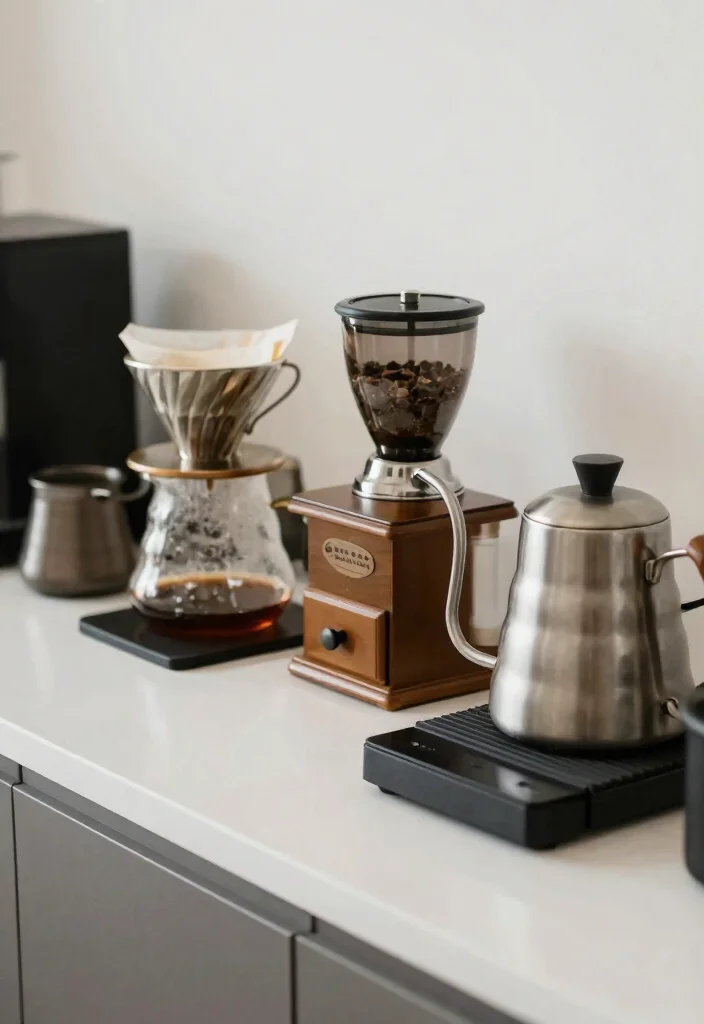 16 Minimalist Coffee Bar Ideas with Clean Quiet Energy 10. Personal Coffee Tools 0