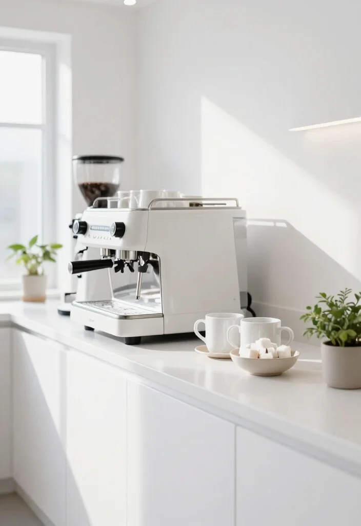 16 Minimalist Coffee Bar Ideas with Clean Quiet Energy 2. Sleek White Surfaces 0
