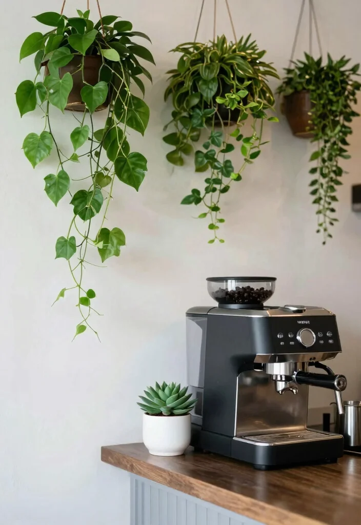 16 Minimalist Coffee Bar Ideas with Clean Quiet Energy 6. Decorative Greenery 0