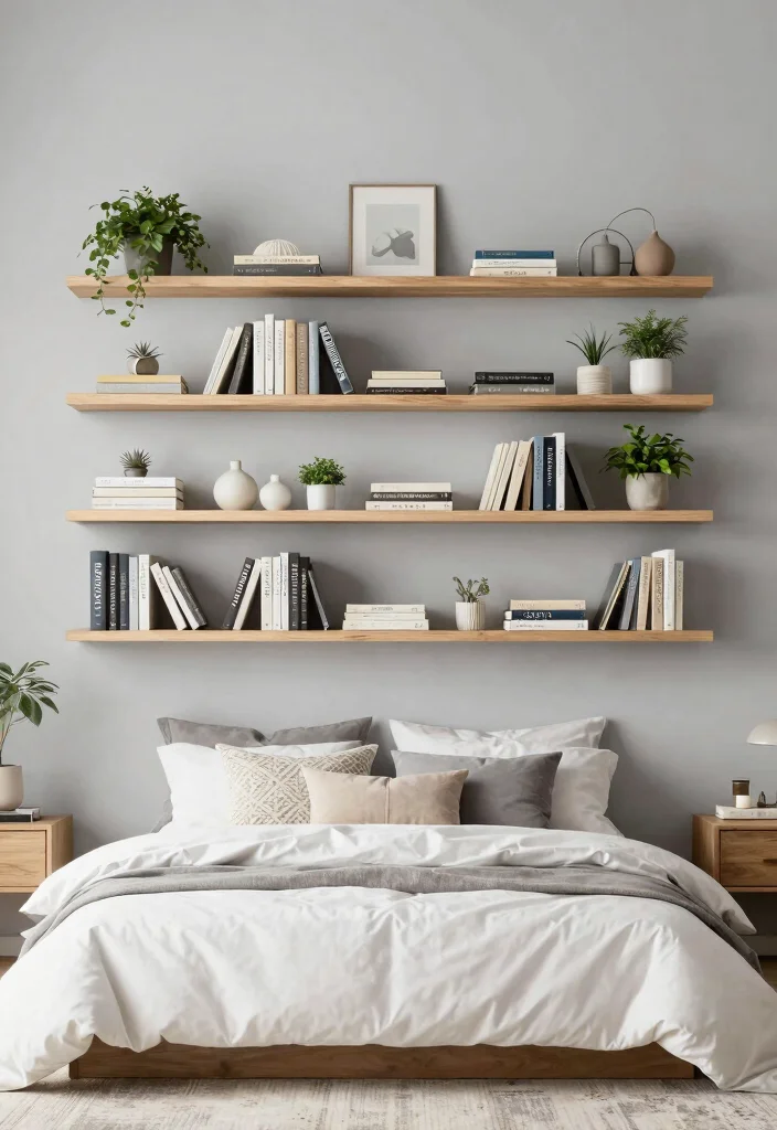 16 No Headboard Ideas That Feel Minimal but Not Empty 1. Floating Shelves 0