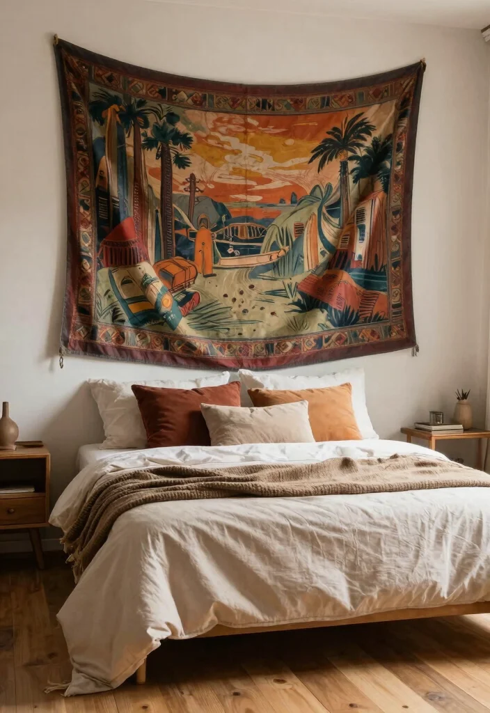 16 No Headboard Ideas That Feel Minimal but Not Empty 10. Large Tapestry 0