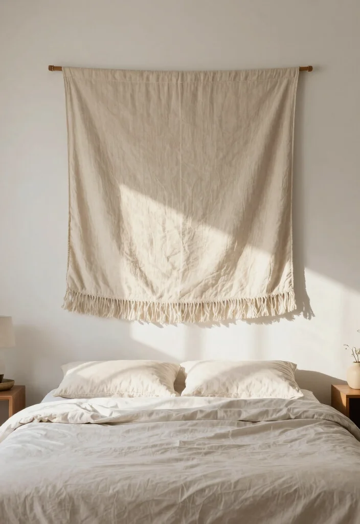 16 No Headboard Ideas That Feel Minimal but Not Empty 16. Fabric Wall Hanging 0